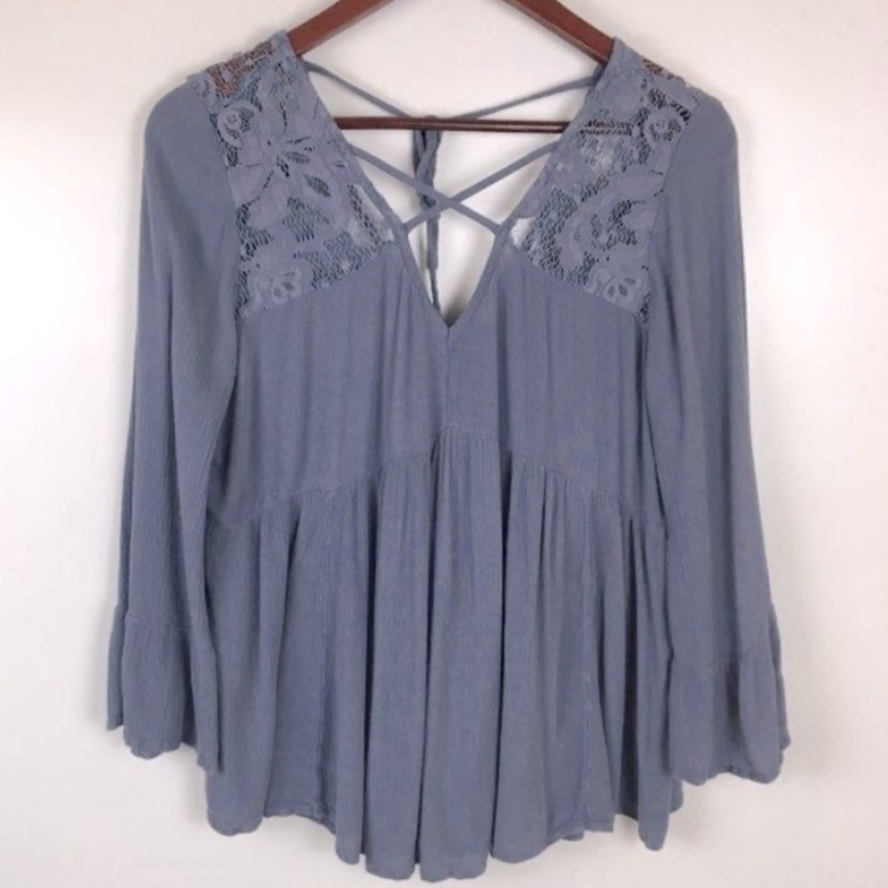 COPY - American Eagle Outfitters Open Back Babydoll Top Women's blue Bell Sleeve